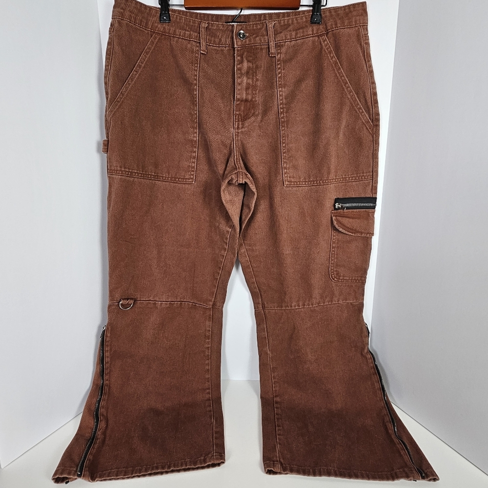 Hot Topic Brown Carpenter Pant Size 38 Y2K Goth Rave Flare Zip Leg Utility Cargo